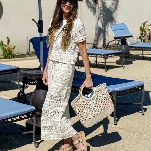 UT XLβCream Openwork Midi Sweater Crochet Knit Scalloped Drawstring Skirt - Picture 4 of 16